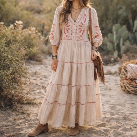 Fig + Flower Dresses & Skirts - Fig + Flower‎ Tan Midi Dress with Burgundy Pink Embroidery. Size Large.